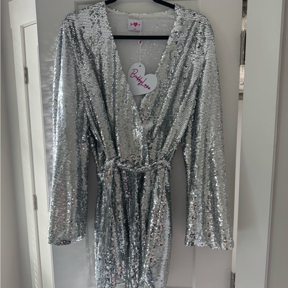 Buddy Love Shimmering Silver Sequin Wrap Dress